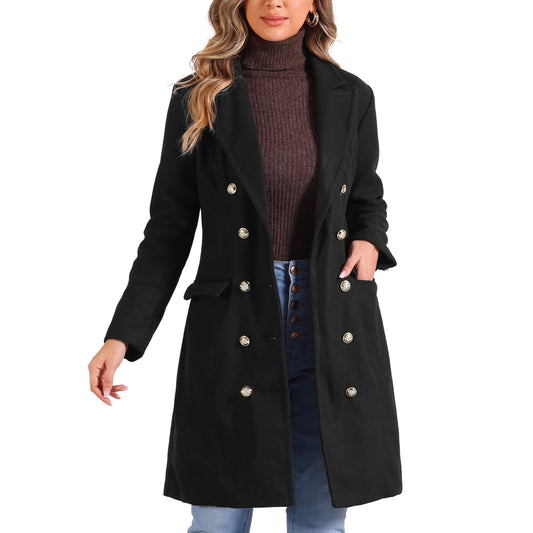 Women's Black Double Breasted Mid Long Winter Warm Coats