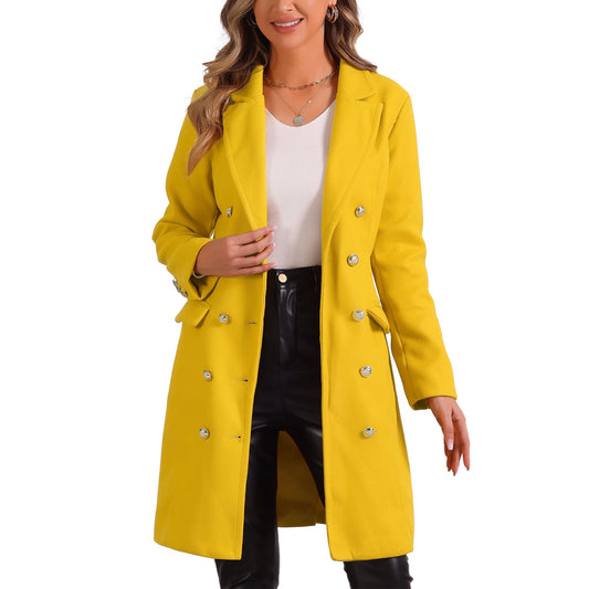 Women's Yellow Double Breasted Mid Long Winter Warm Coats