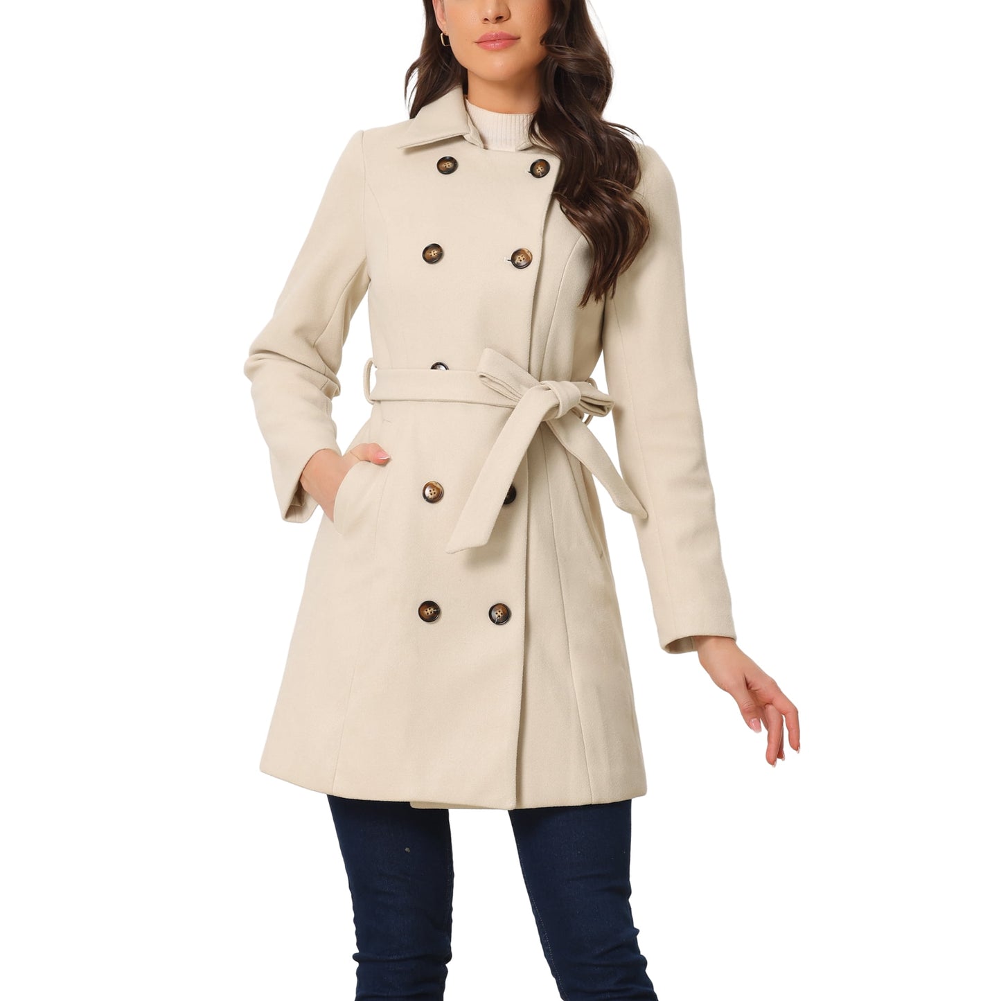 Women's Collar Double Breasted Button Down Belted Winter Coats