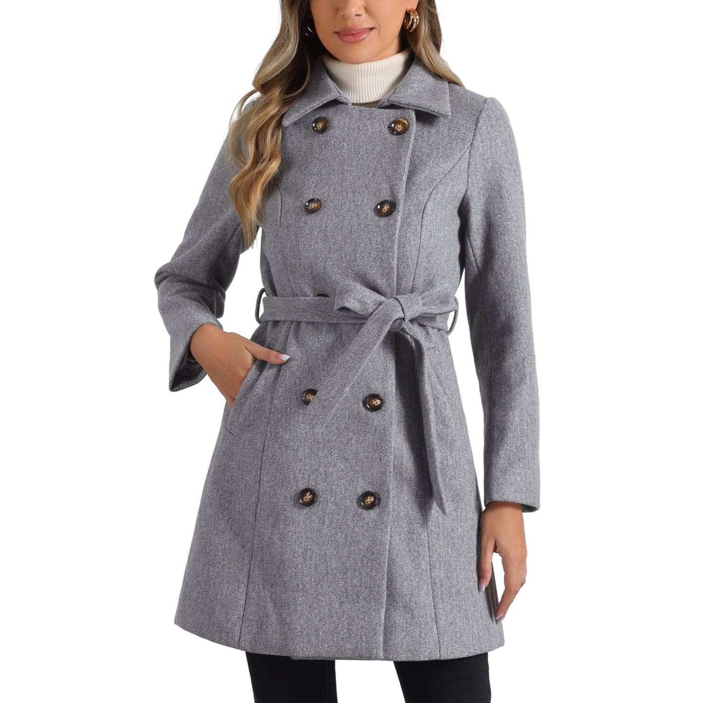 Women's Collar Double Breasted Button Down Belted Winter Coats