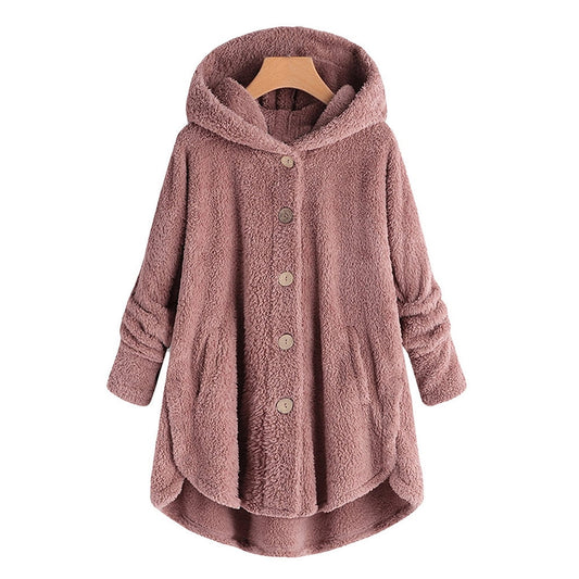 Pink Long Sleeve Plus Size Hooded Cardigan Wool Overcoats for Women