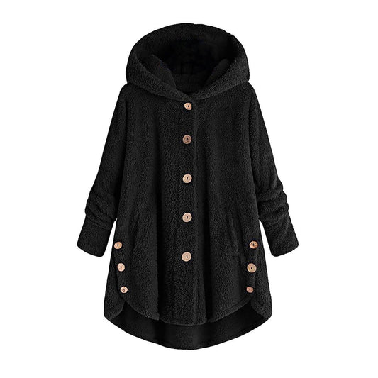 Black Winter Long Sleeve Plus Size Hooded Cardigan Wool Overcoats for Women