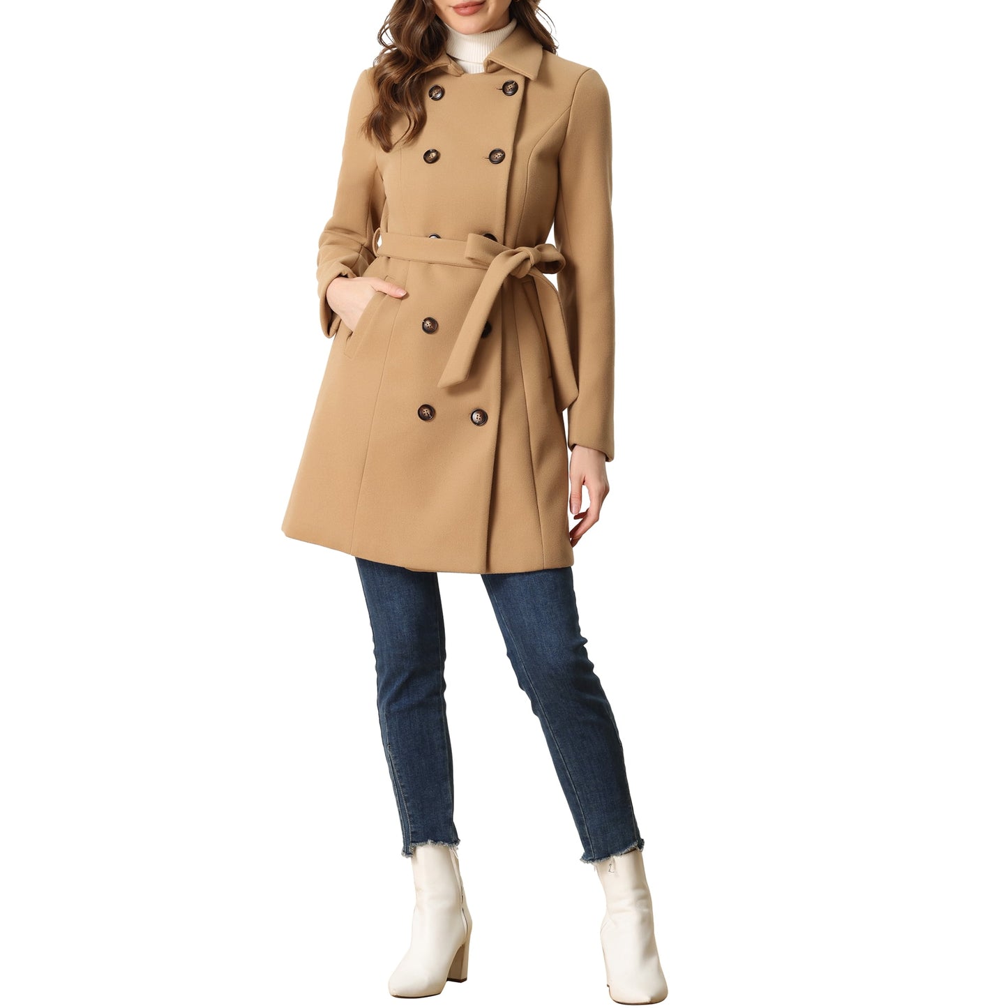 Women's Collar Double Breasted Button Down Belted Winter Coats